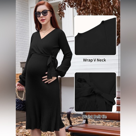 NWT VFORCITY Women’s Maternity Sweater Wrap Dress With Pleated Skirt, Belt,Vneck - Picture 3 of 5